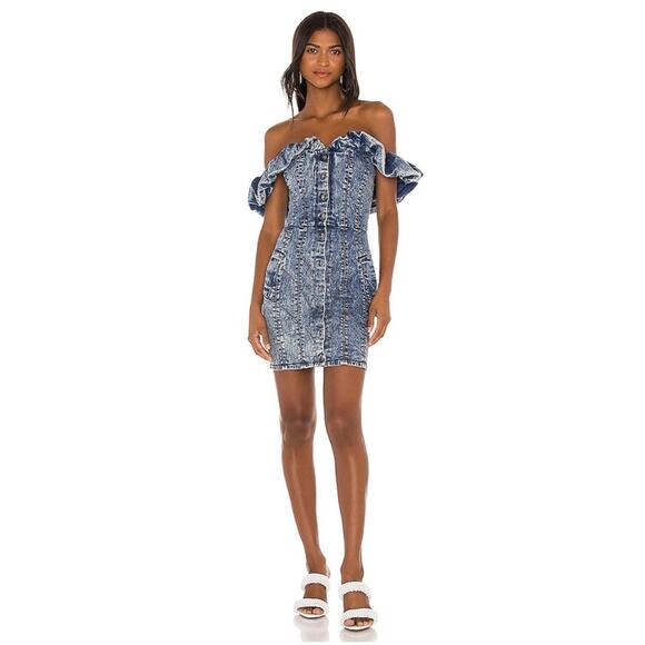 MISHA COLLECTION Dresses & Skirts - Misha Trisha Acid Wash Blue Denim Off The Shoulder Ruffle Mini Dress 10
